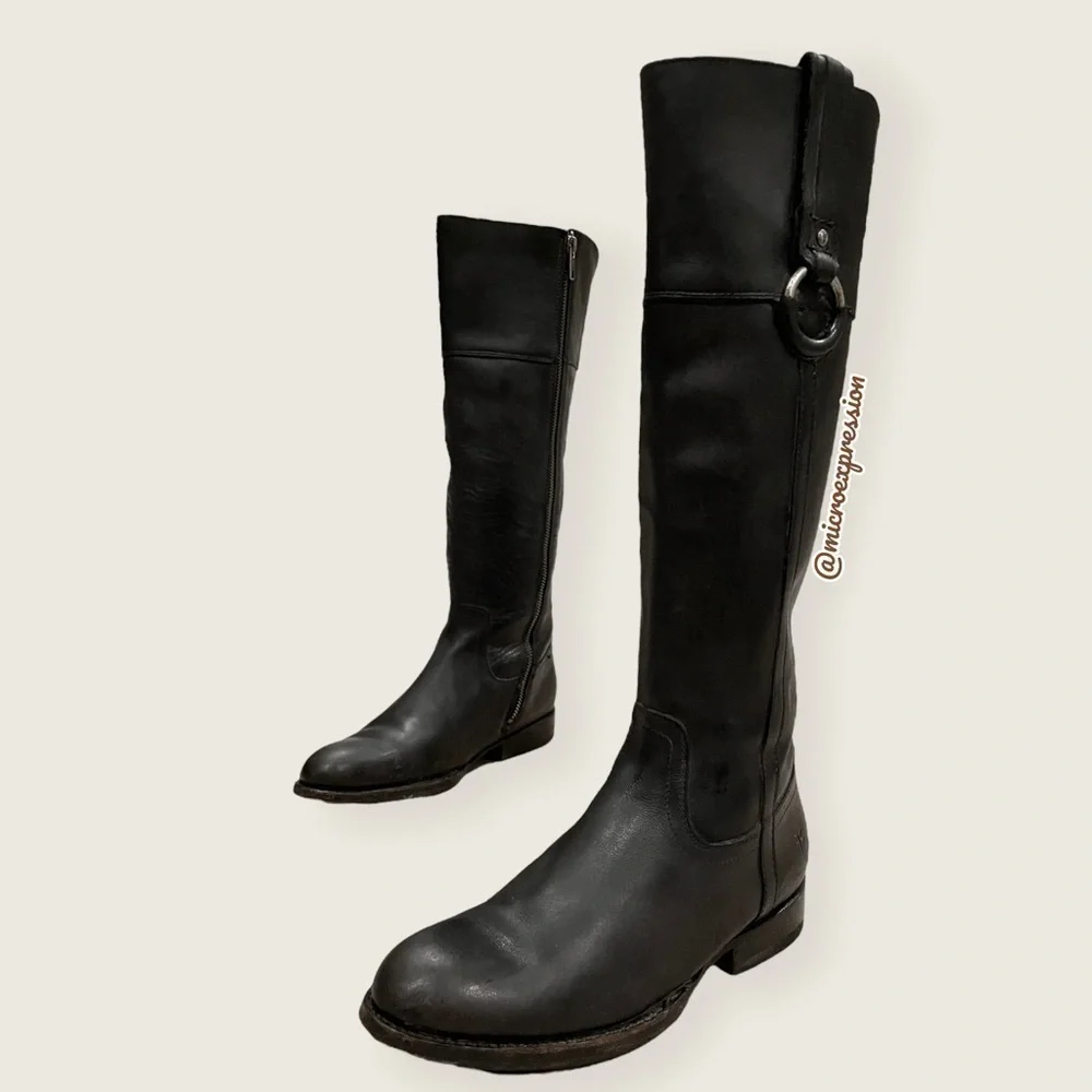 $389 Frye Jamie Ring Tall Distressed Stone Black Leather Knee High Zip Up Boot